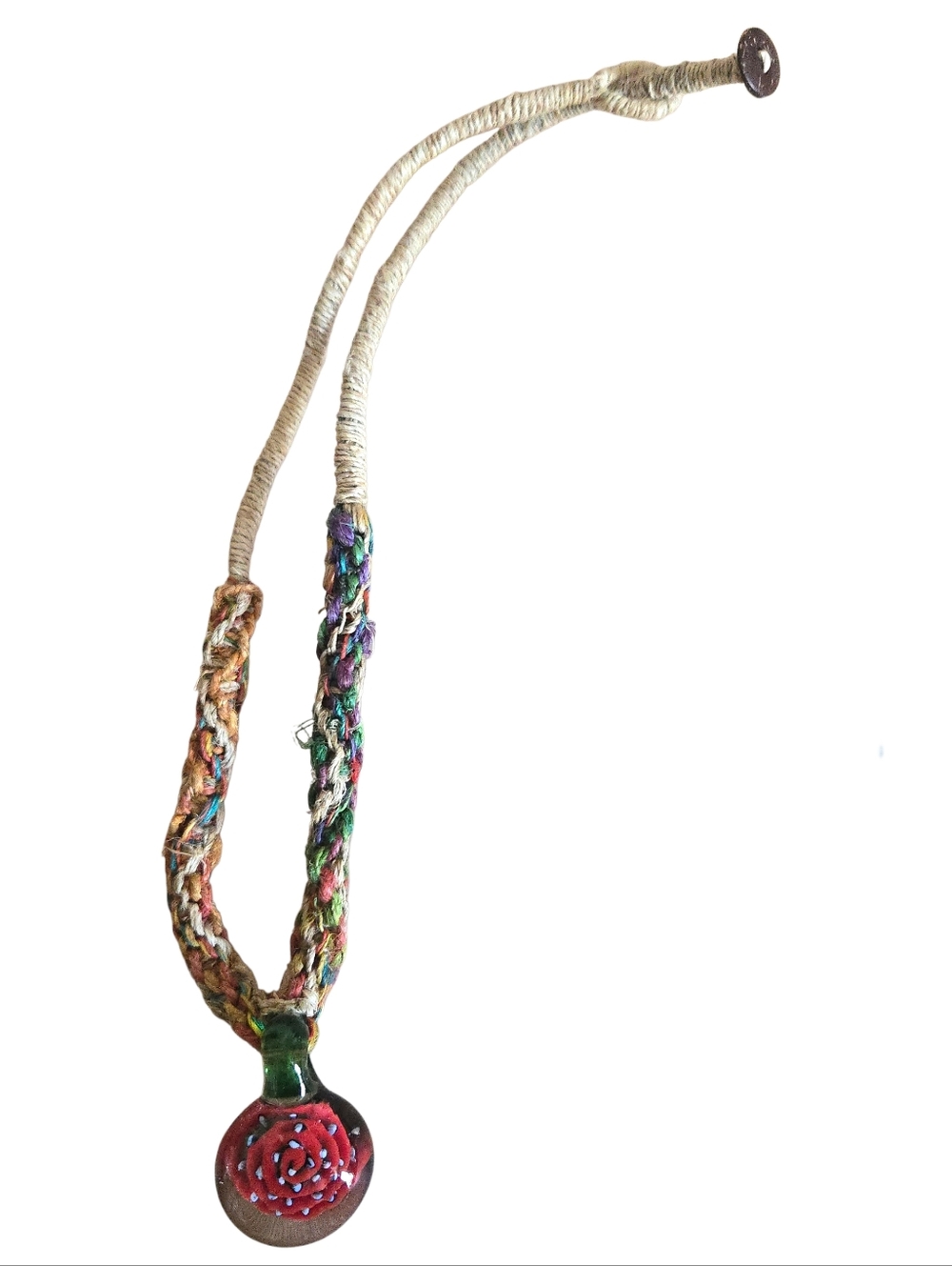 Vibrant Hemp Necklace Glass Pendant Colorful Beaded Floral Multi Colored